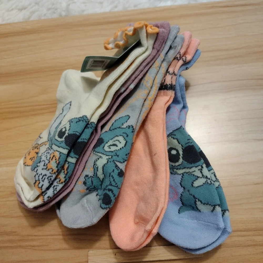 Disney Stitch Multi-Pack 5 Pairs Mid Crews Girl Shoe Size 7.5-3.5 🆕